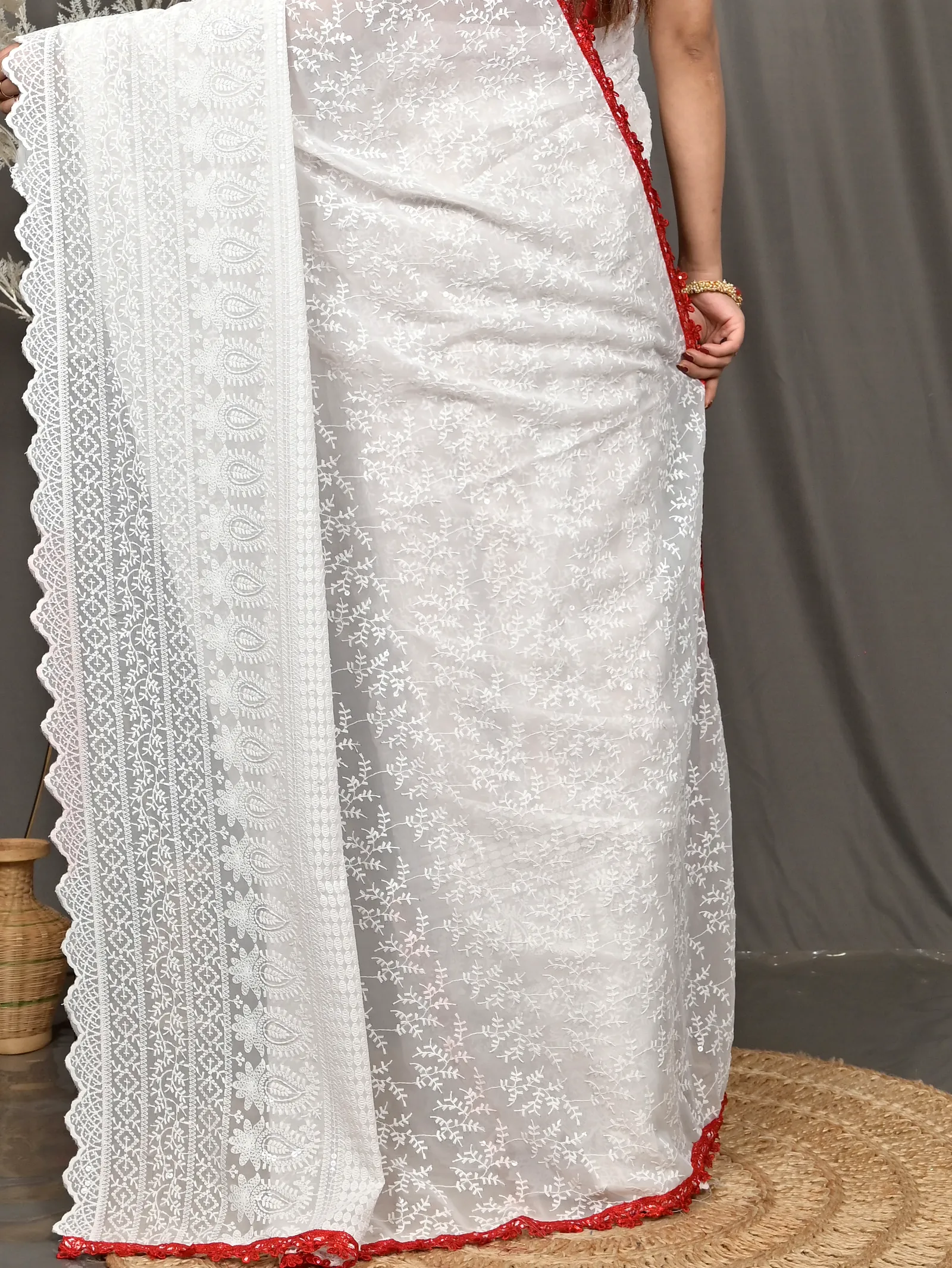 White Cotton Parmon Chikankari Saree  (70)