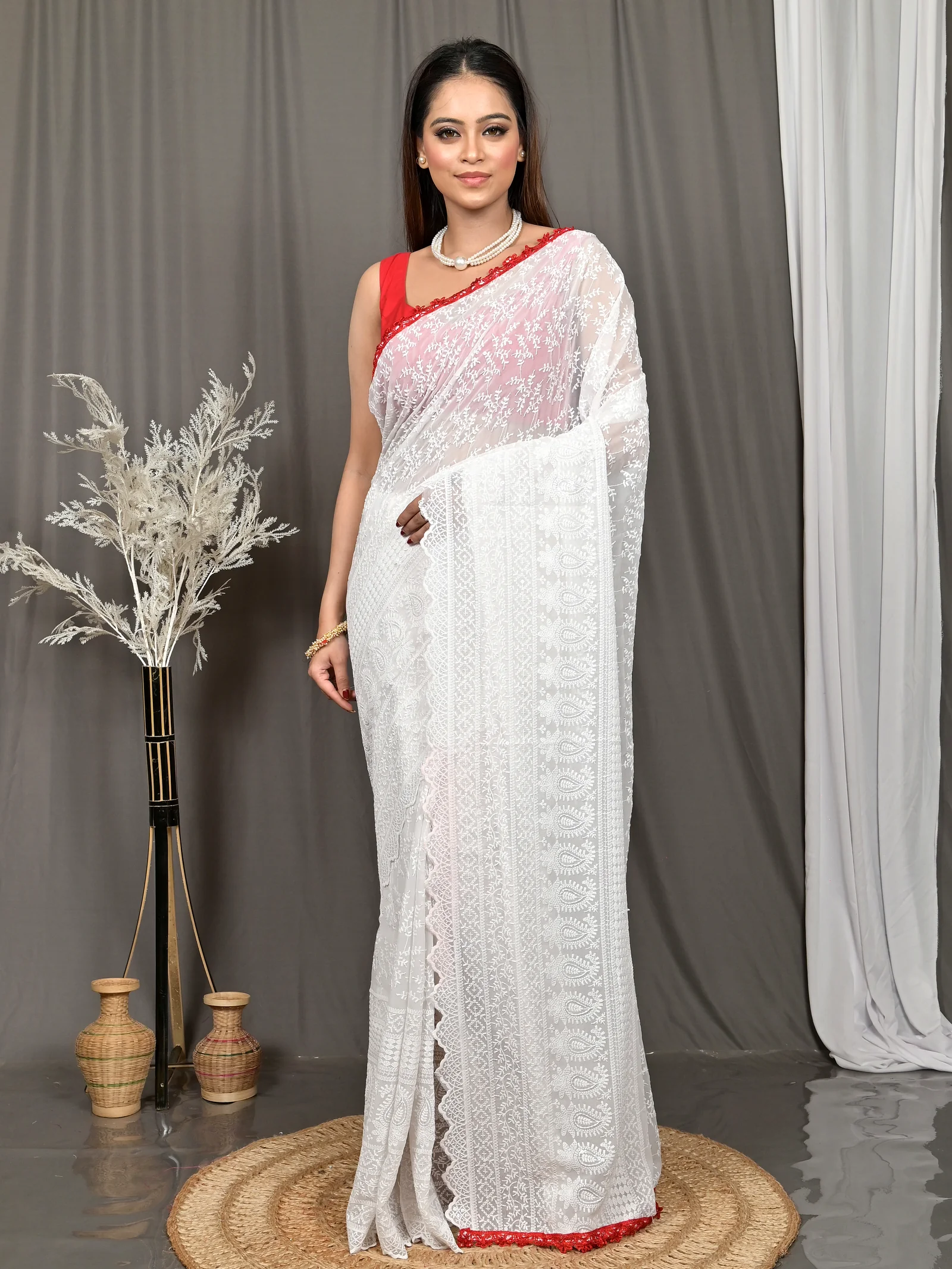 White Cotton Parmon Chikankari Saree  (70)