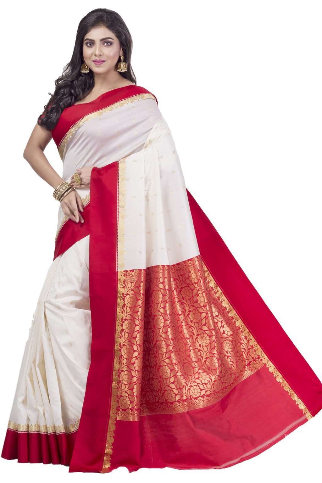 White Red Blended Cotton Gourigorod_Ankit Hand Loom Saree (7027)
