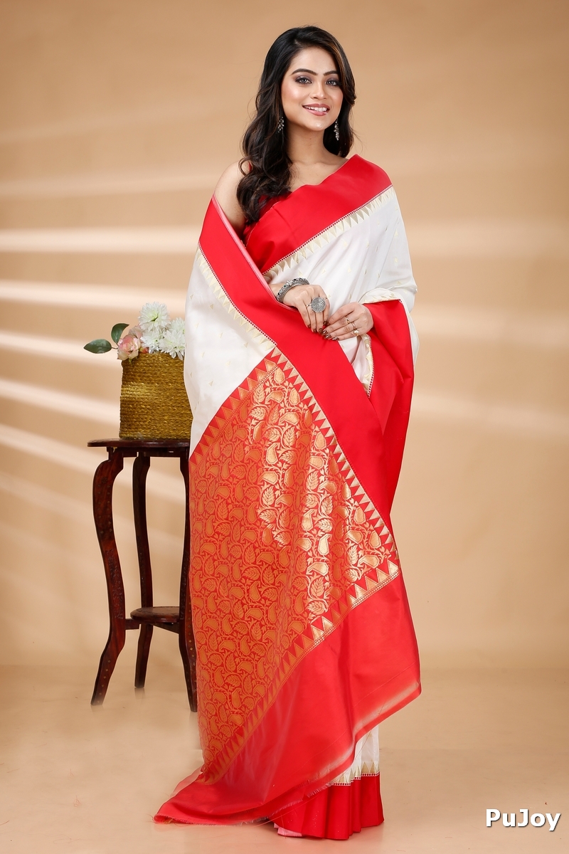White Red Blended Cotton Gourigorod_Ankit Hand Loom Saree (7027)