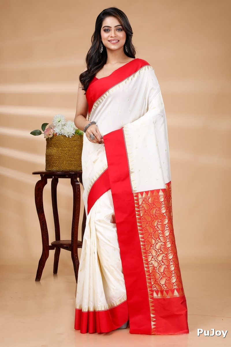 White Red Blended Cotton Gourigorod_Ankit Hand Loom Saree (7027)