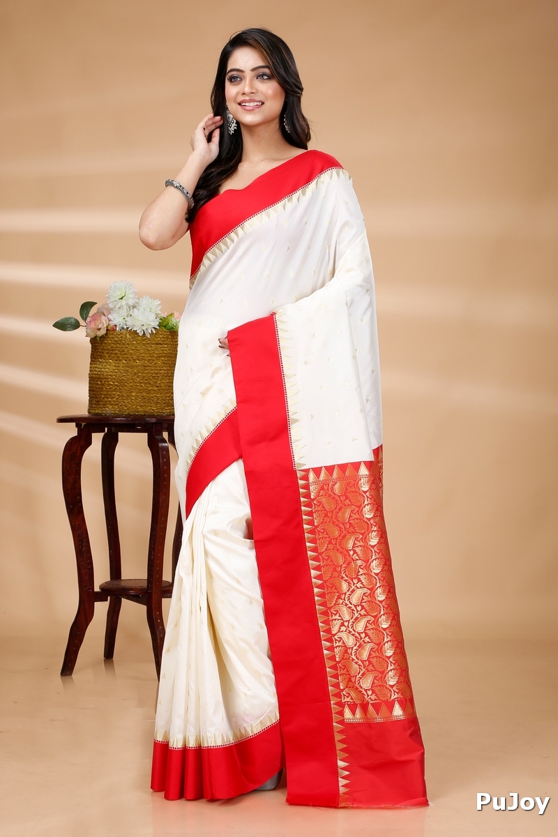 White Red Blended Cotton Gourigorod_Ankit Hand Loom Saree (7027)