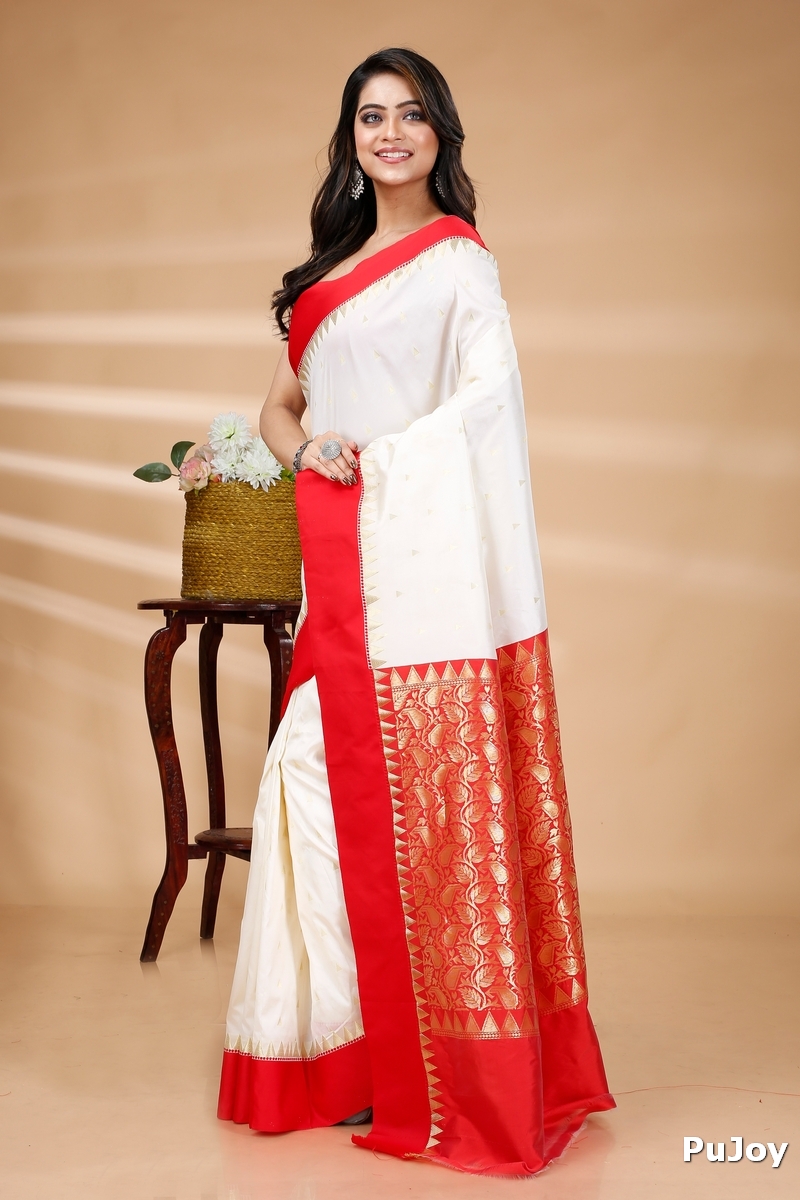 White Red Blended Cotton Gourigorod_Ankit Hand Loom Saree (7027)