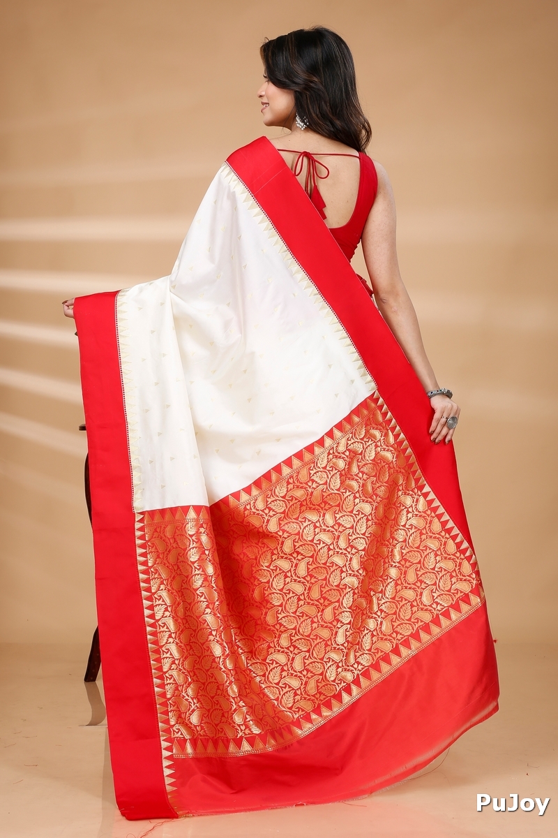 White Red Blended Cotton Gourigorod_Ankit Hand Loom Saree (7027)