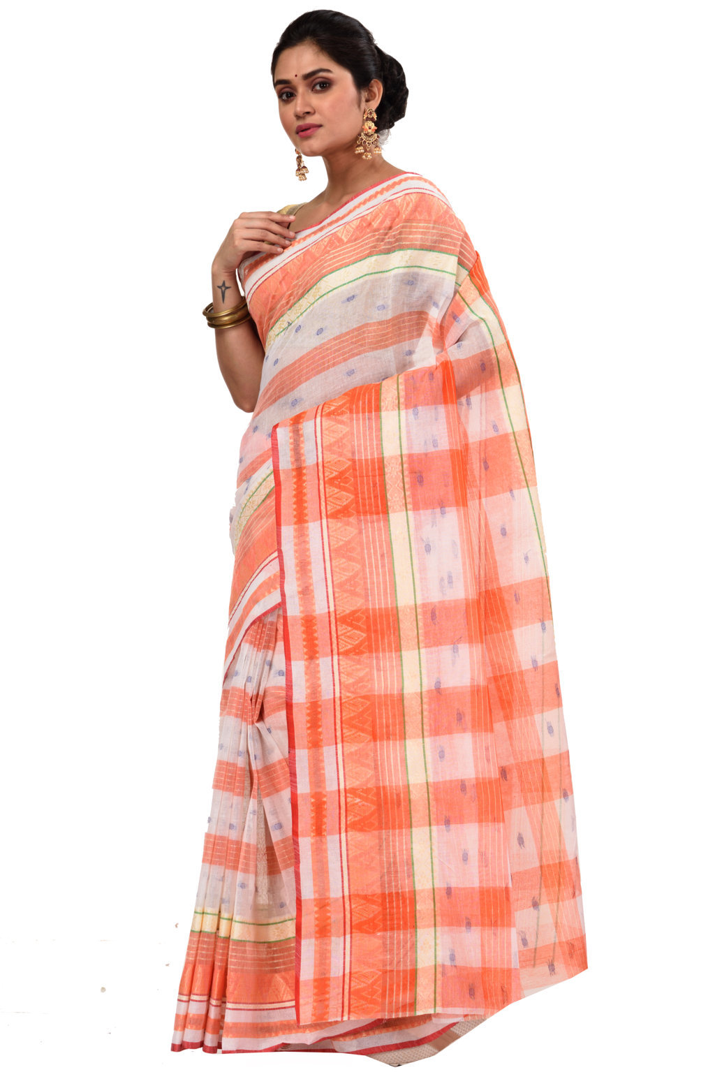 Orange Pure Cotton Naksi Katha Tant Saree (705)