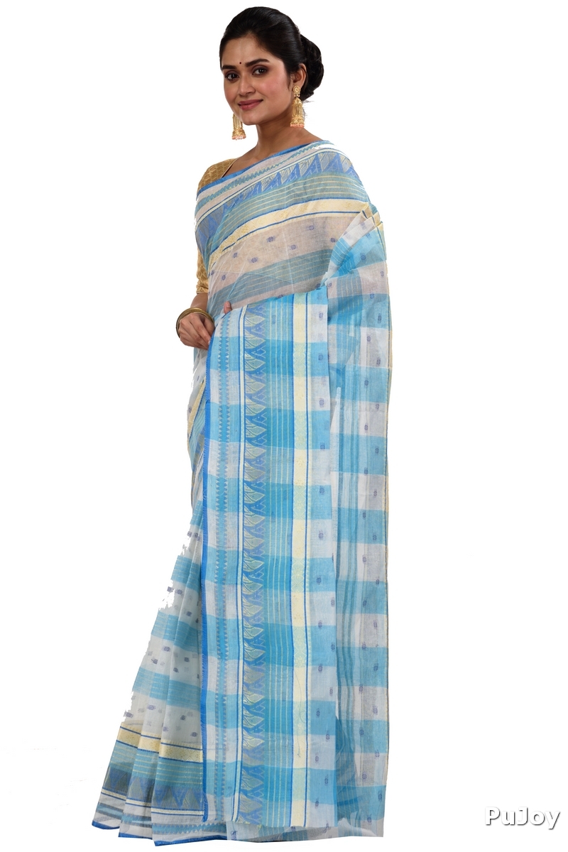 Blue Pure Cotton Naksi Katha Tant Saree (706)
