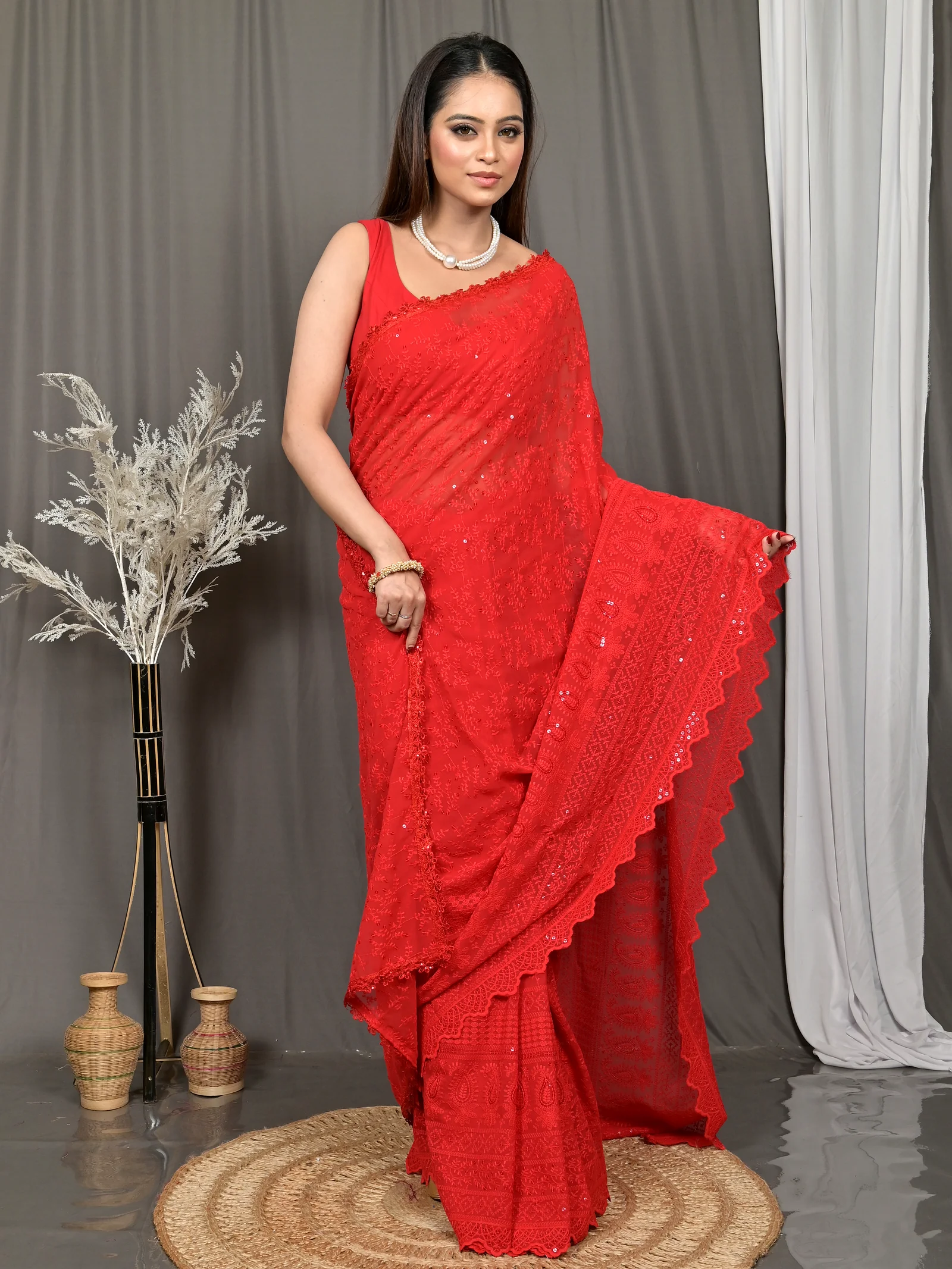 Red Cotton Parmon Chikankari Saree  (71)
