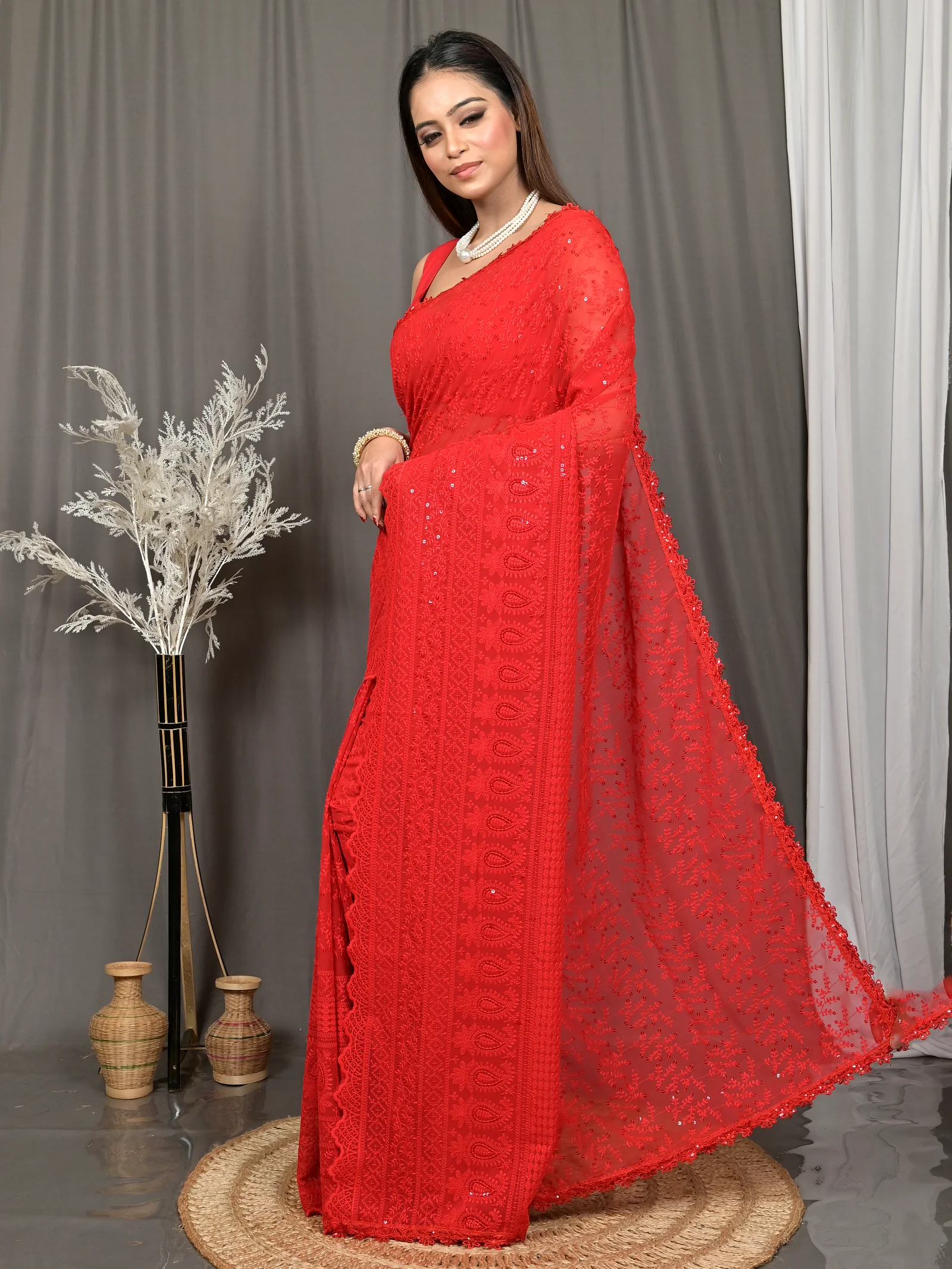 Red Cotton Parmon Chikankari Saree  (71)