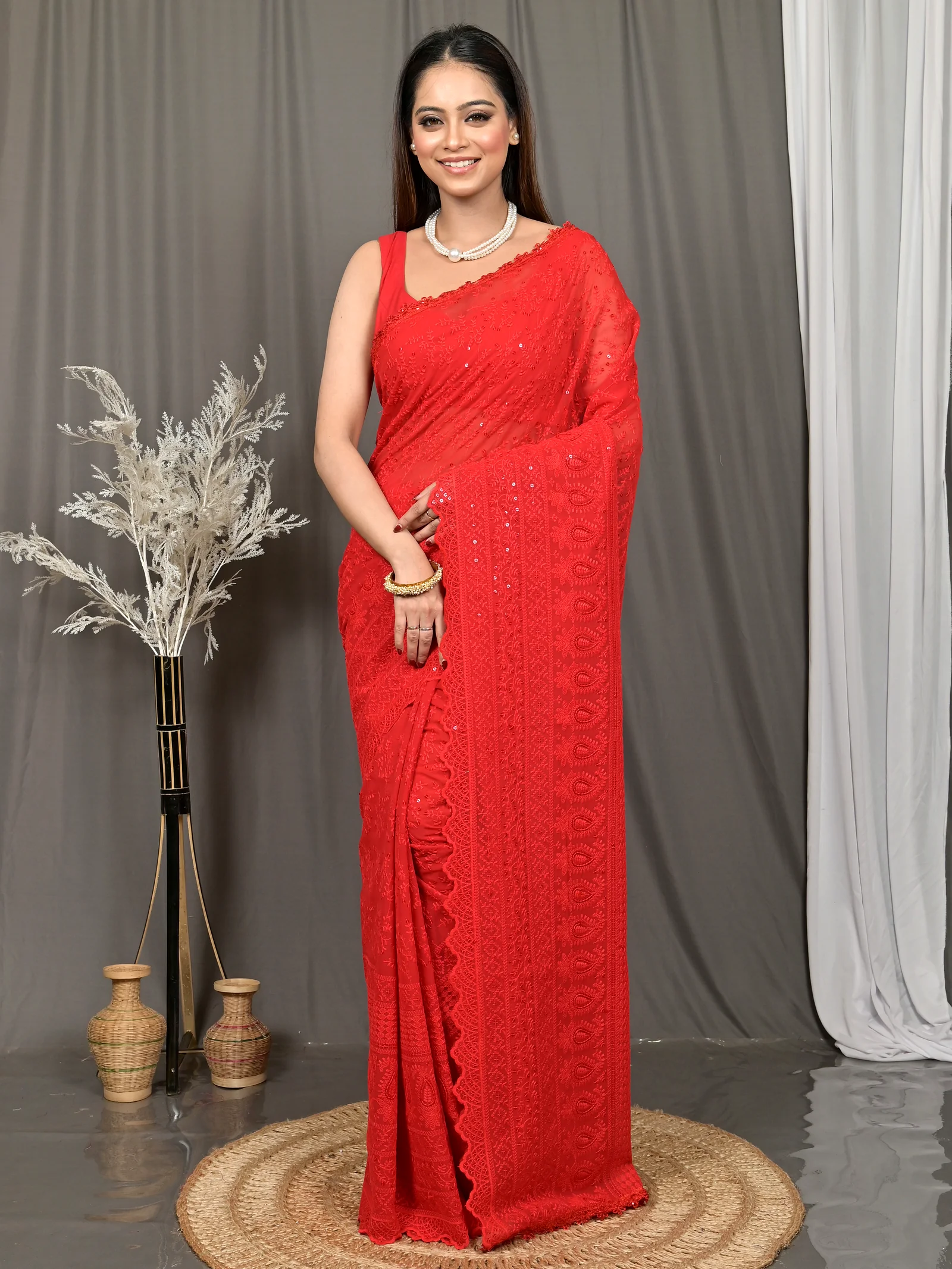 Red Cotton Parmon Chikankari Saree  (71)