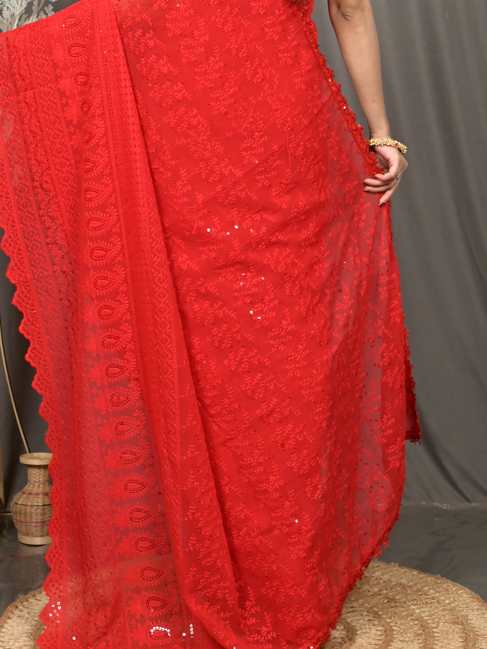 Red Cotton Parmon Chikankari Saree  (71)