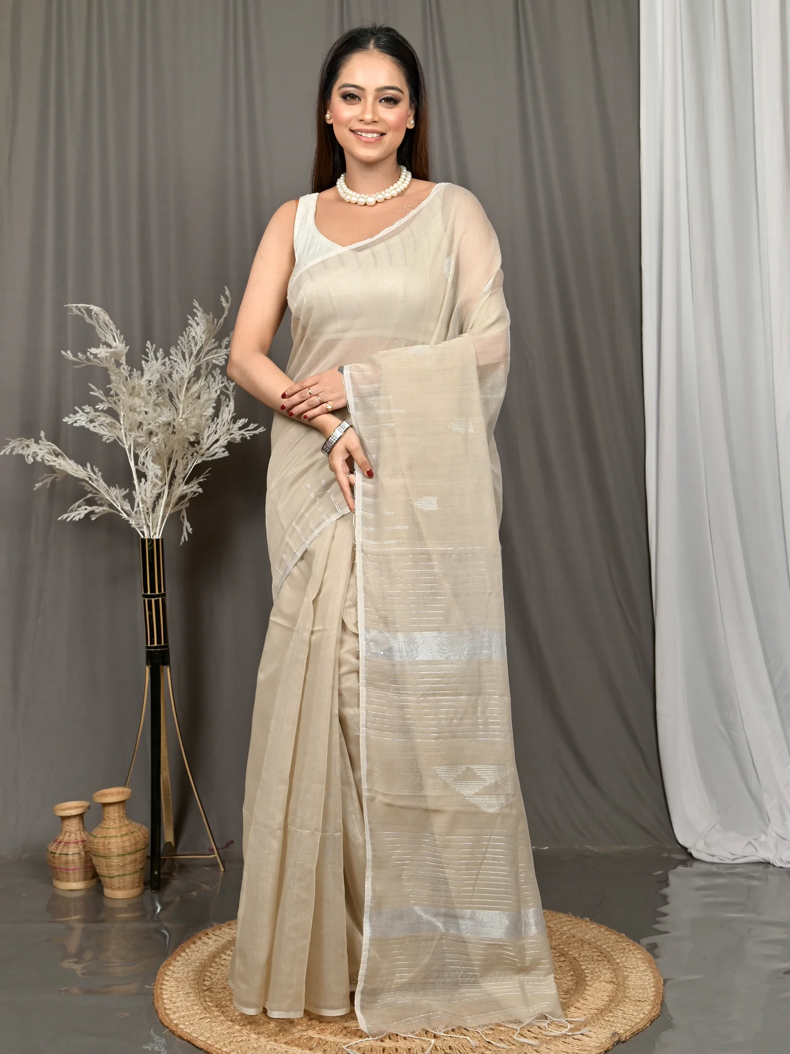 Cream Cotton Soubit Handloom Saree  (715)