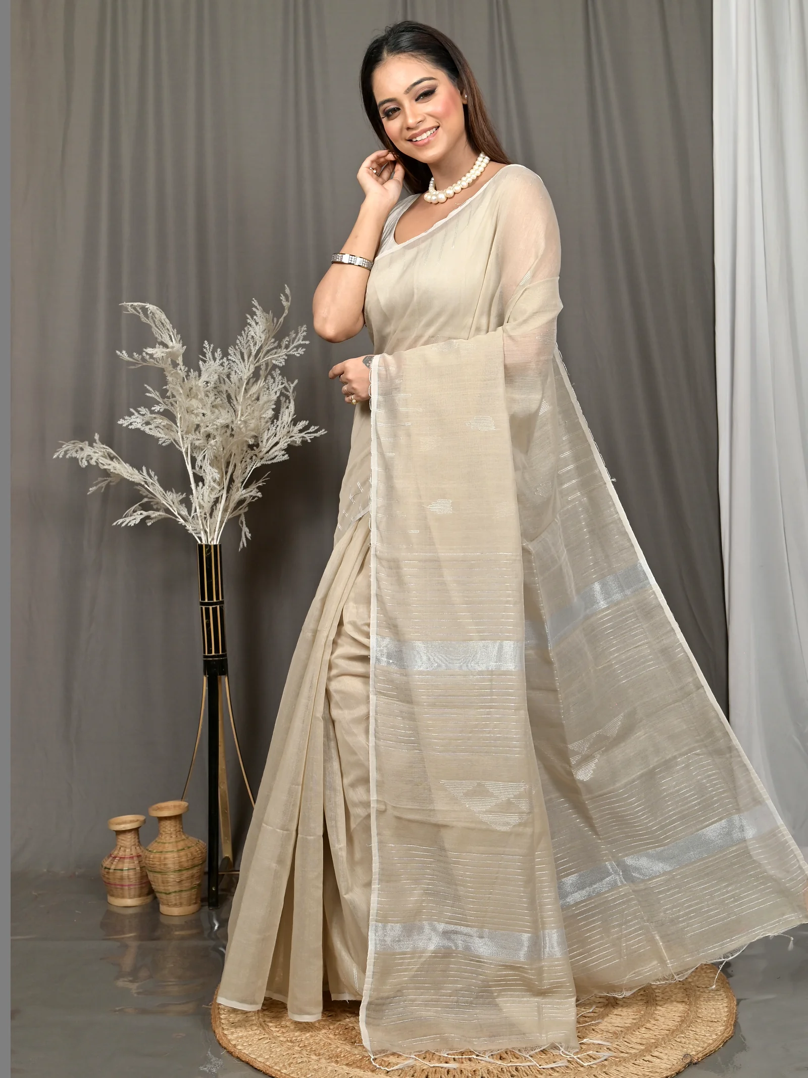 Cream Cotton Soubit Handloom Saree  (715)