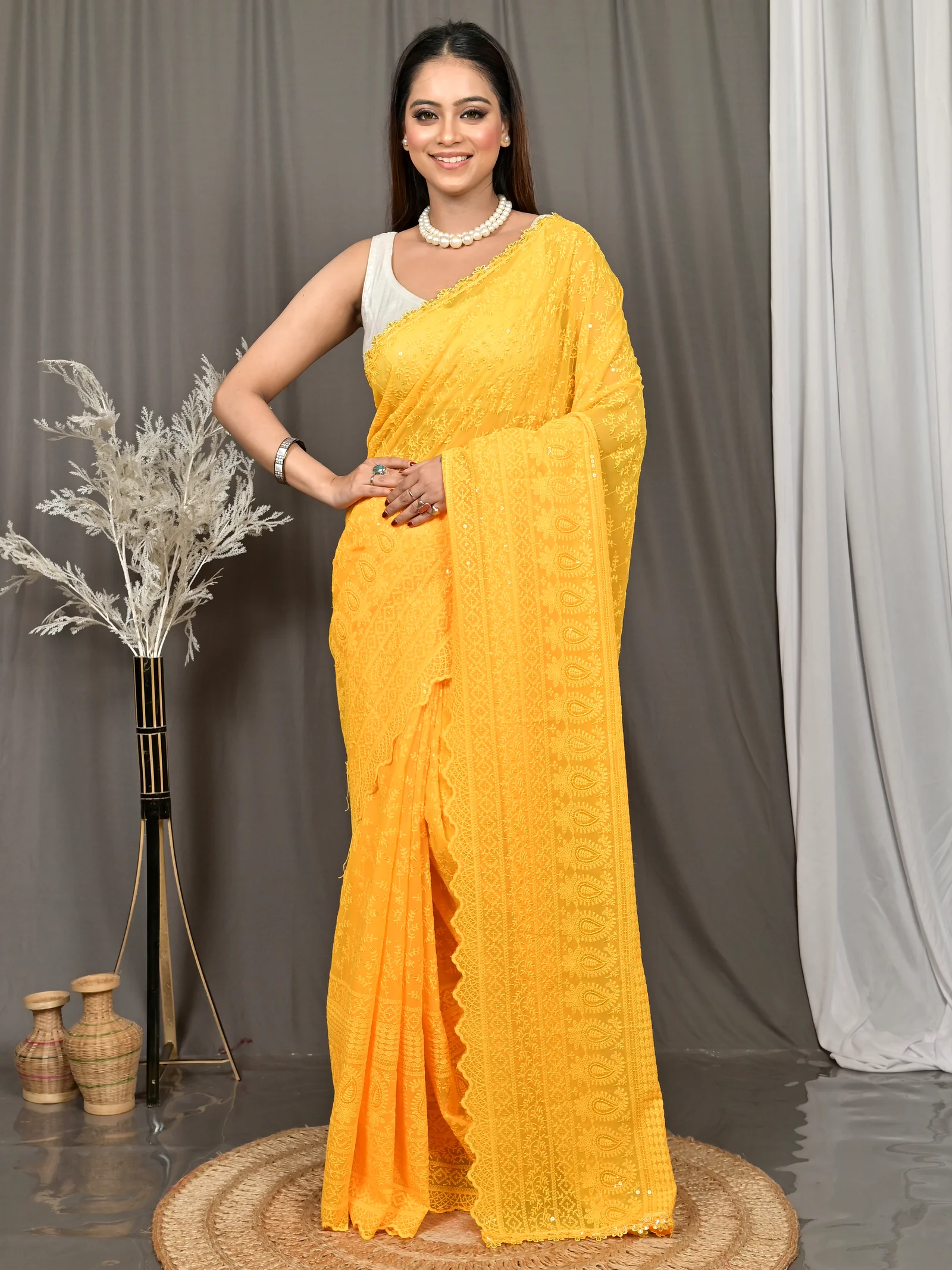 Yellow Cotton Parmon Chikankari Saree  (72)