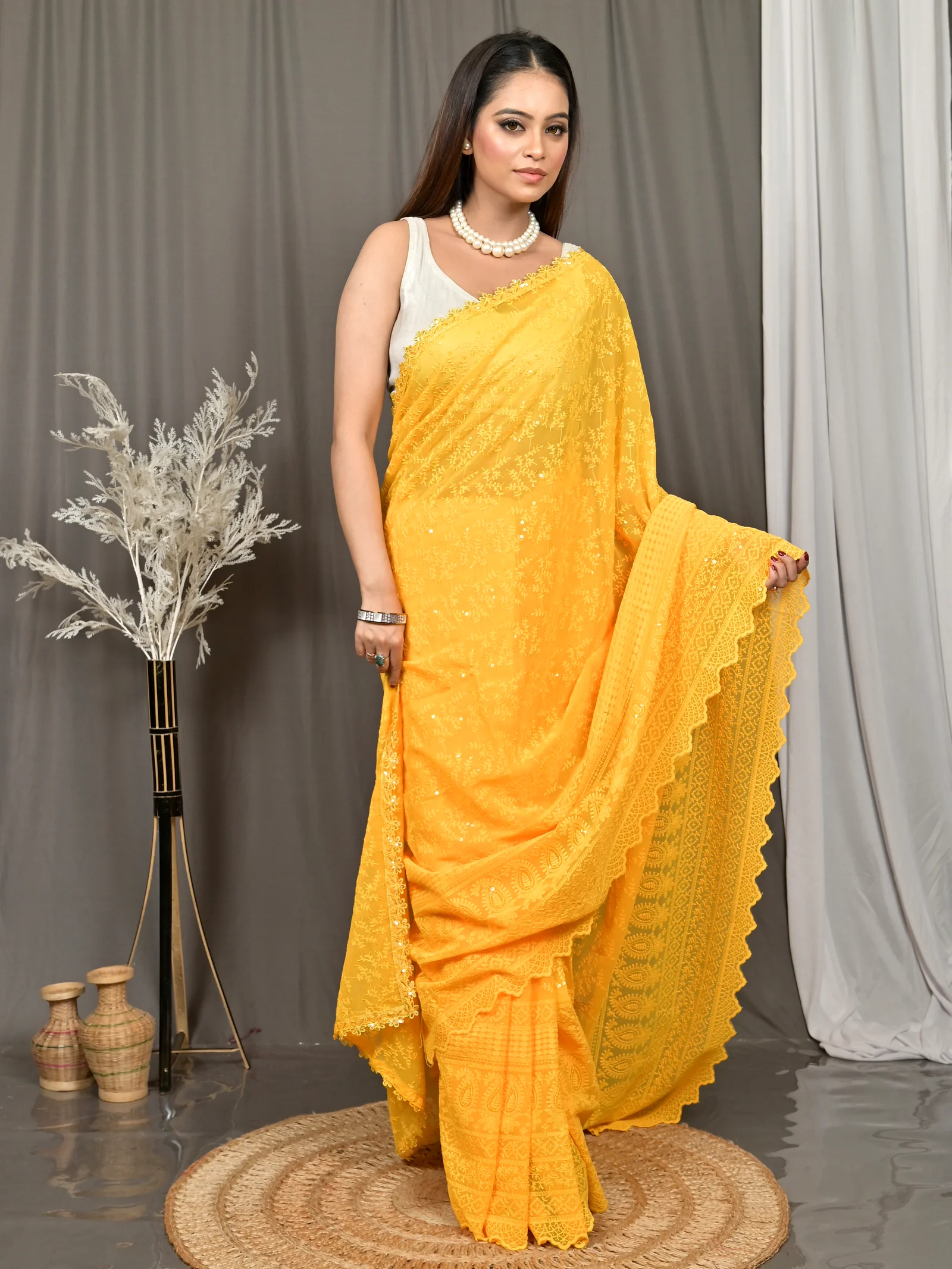 Yellow Cotton Parmon Chikankari Saree  (72)