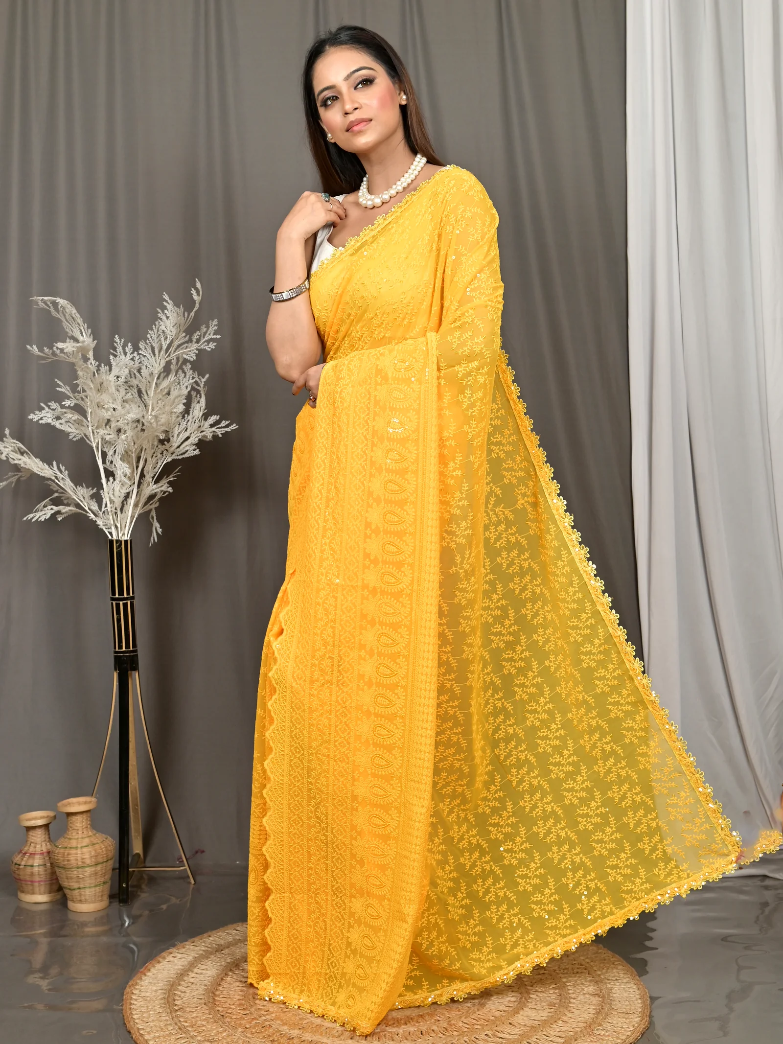 Yellow Cotton Parmon Chikankari Saree  (72)