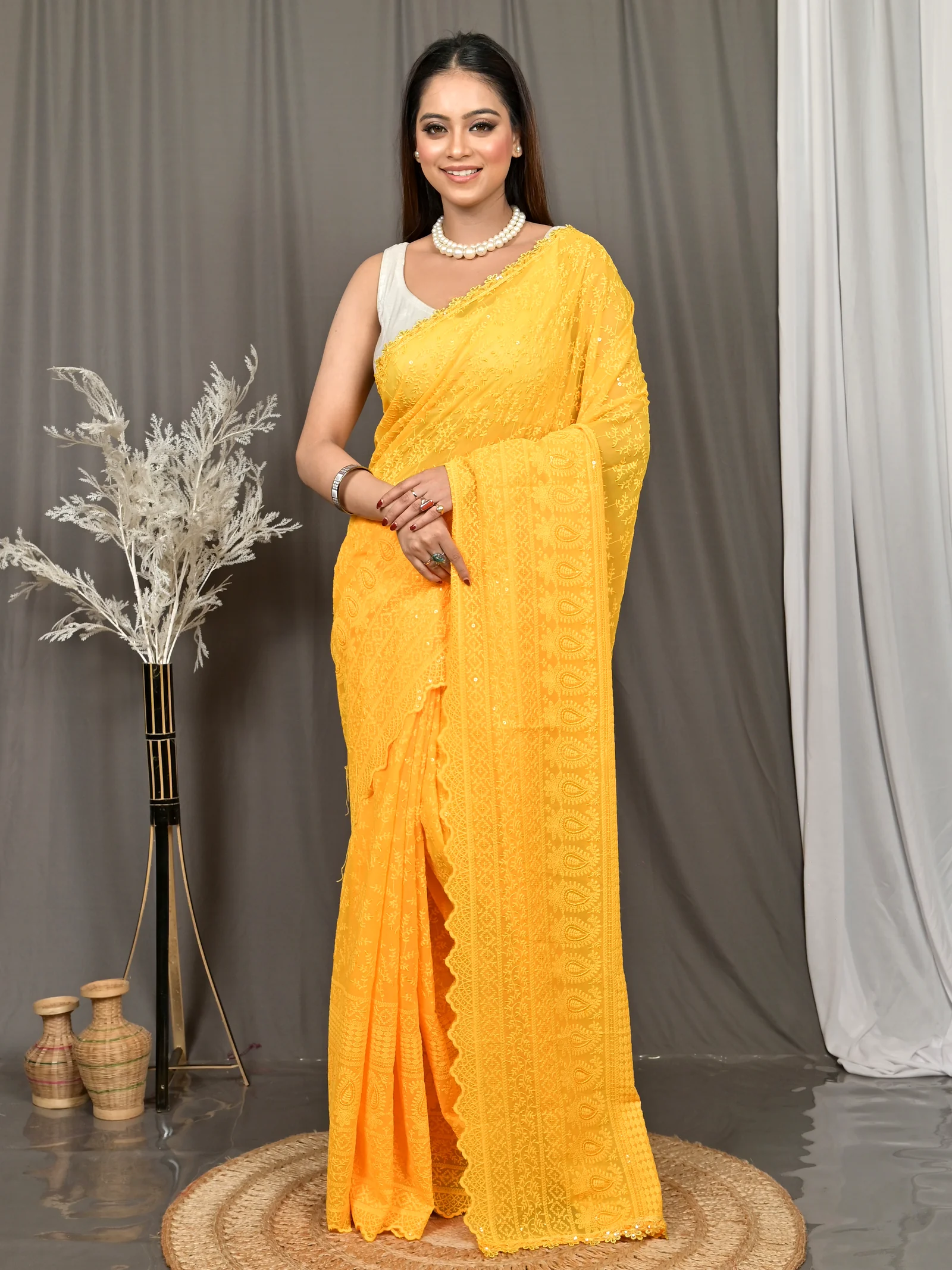 Yellow Cotton Parmon Chikankari Saree  (72)