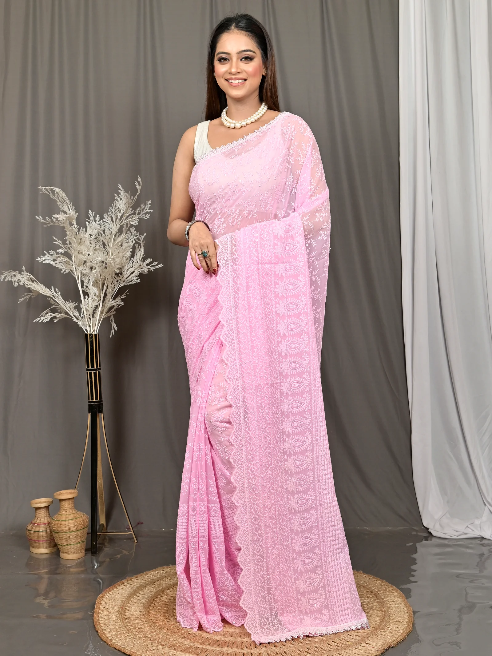 Baby Pink Cotton Parmon Chikankari Saree  (73)