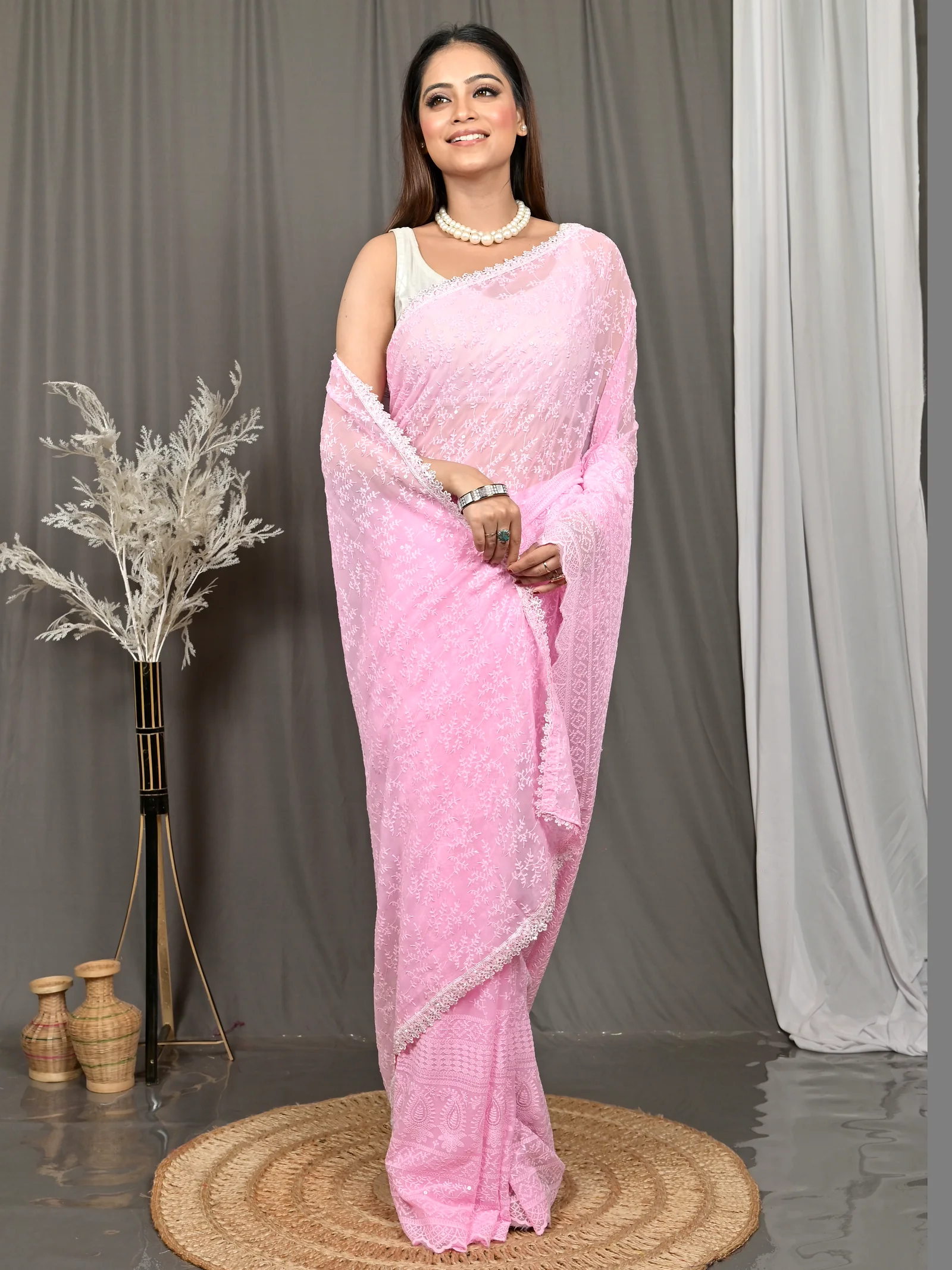 Baby Pink Cotton Parmon Chikankari Saree  (73)