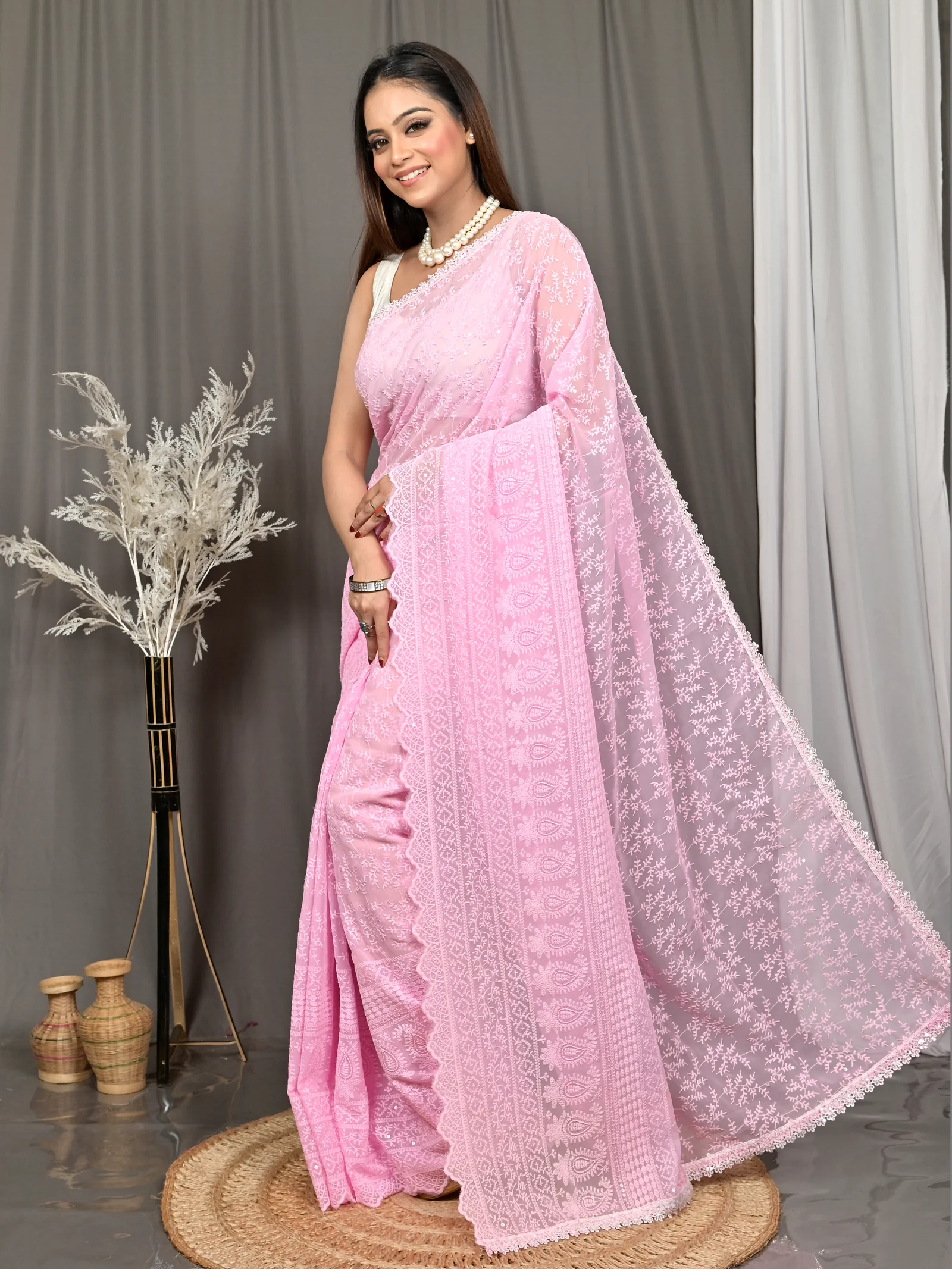 Baby Pink Cotton Parmon Chikankari Saree  (73)