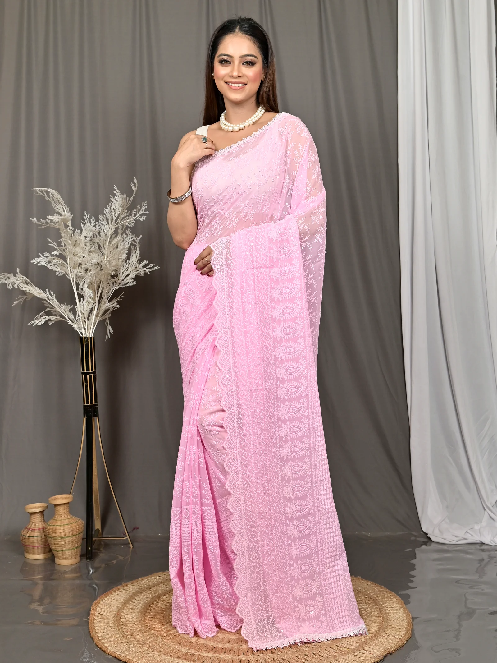 Baby Pink Cotton Parmon Chikankari Saree  (73)