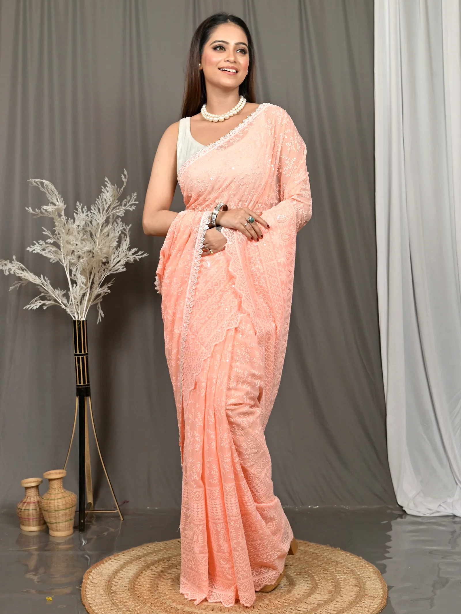 Peach Cotton Parmon Chikankari Saree  (74)