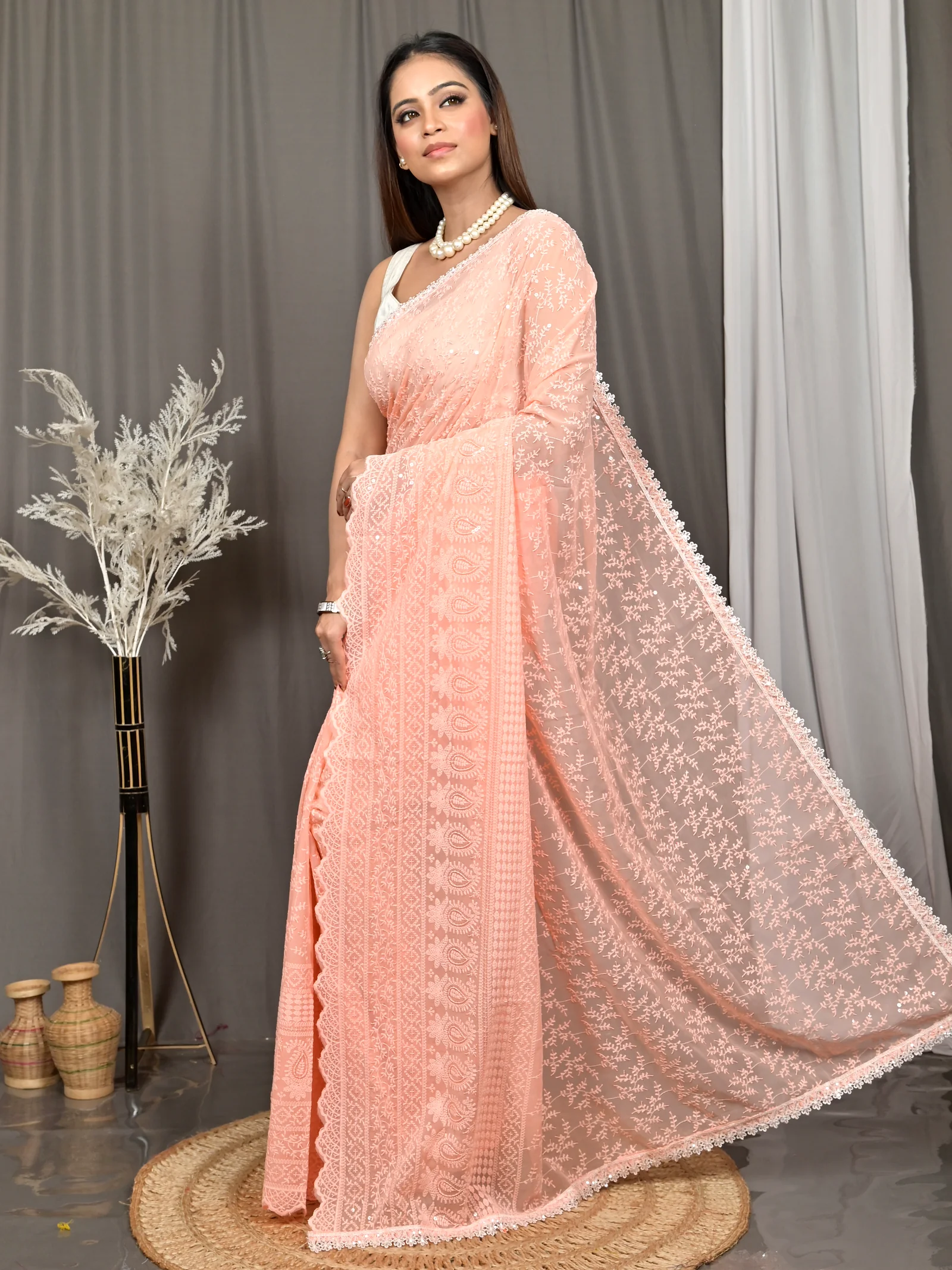 Peach Cotton Parmon Chikankari Saree  (74)