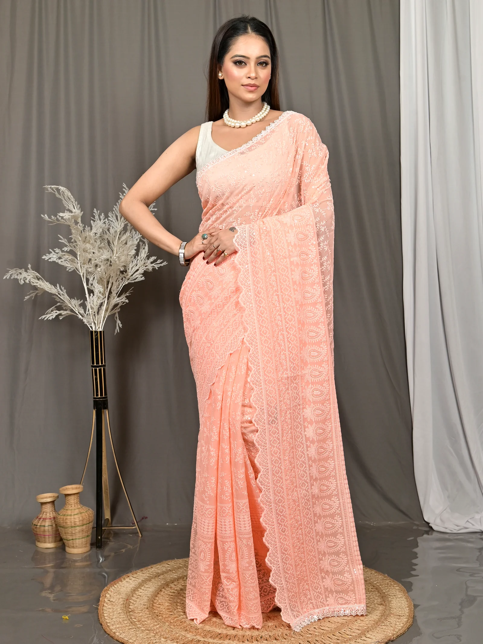 Peach Cotton Parmon Chikankari Saree  (74)