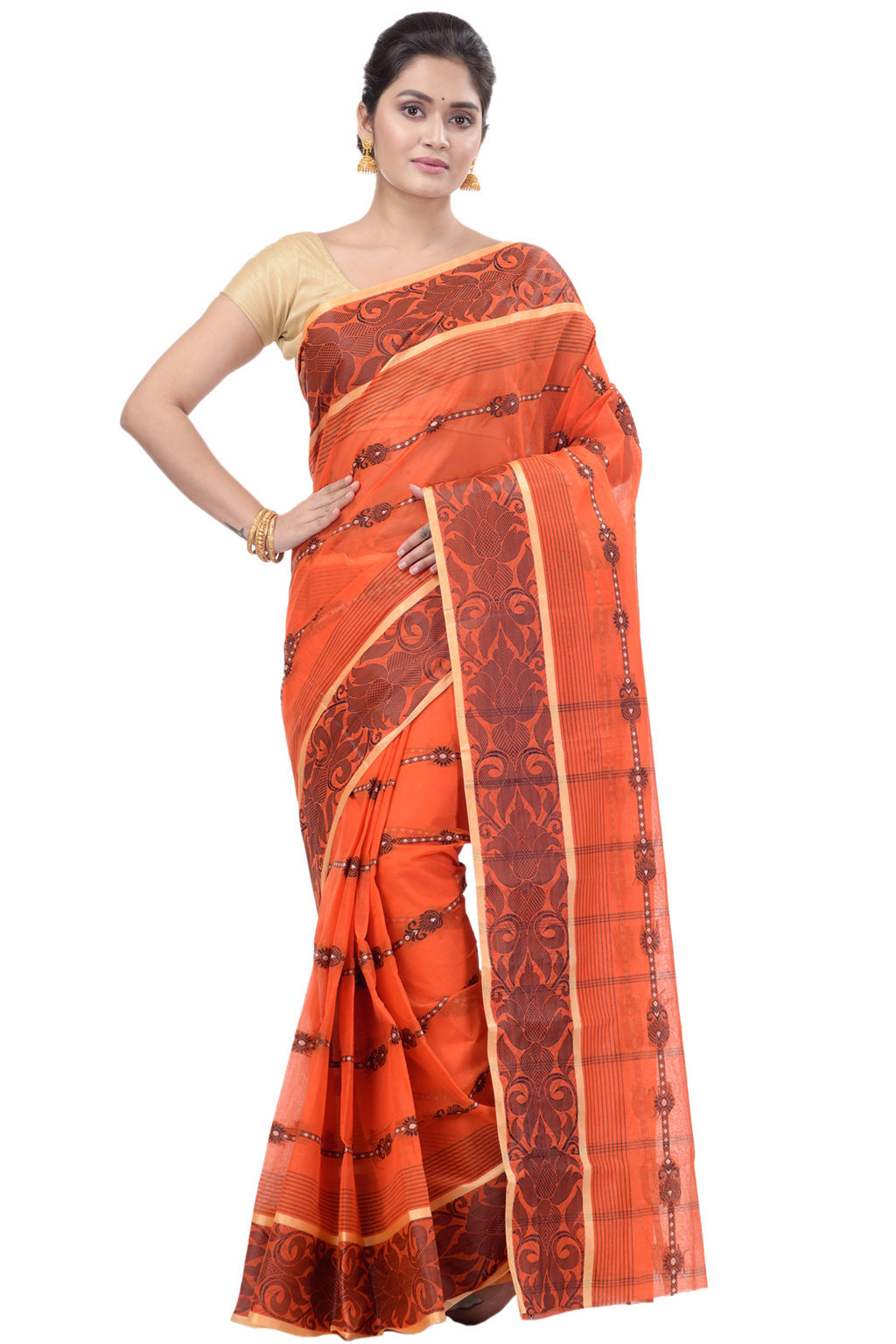 Orange Pure Cotton Charulata_Desiging Tant Saree (741)
