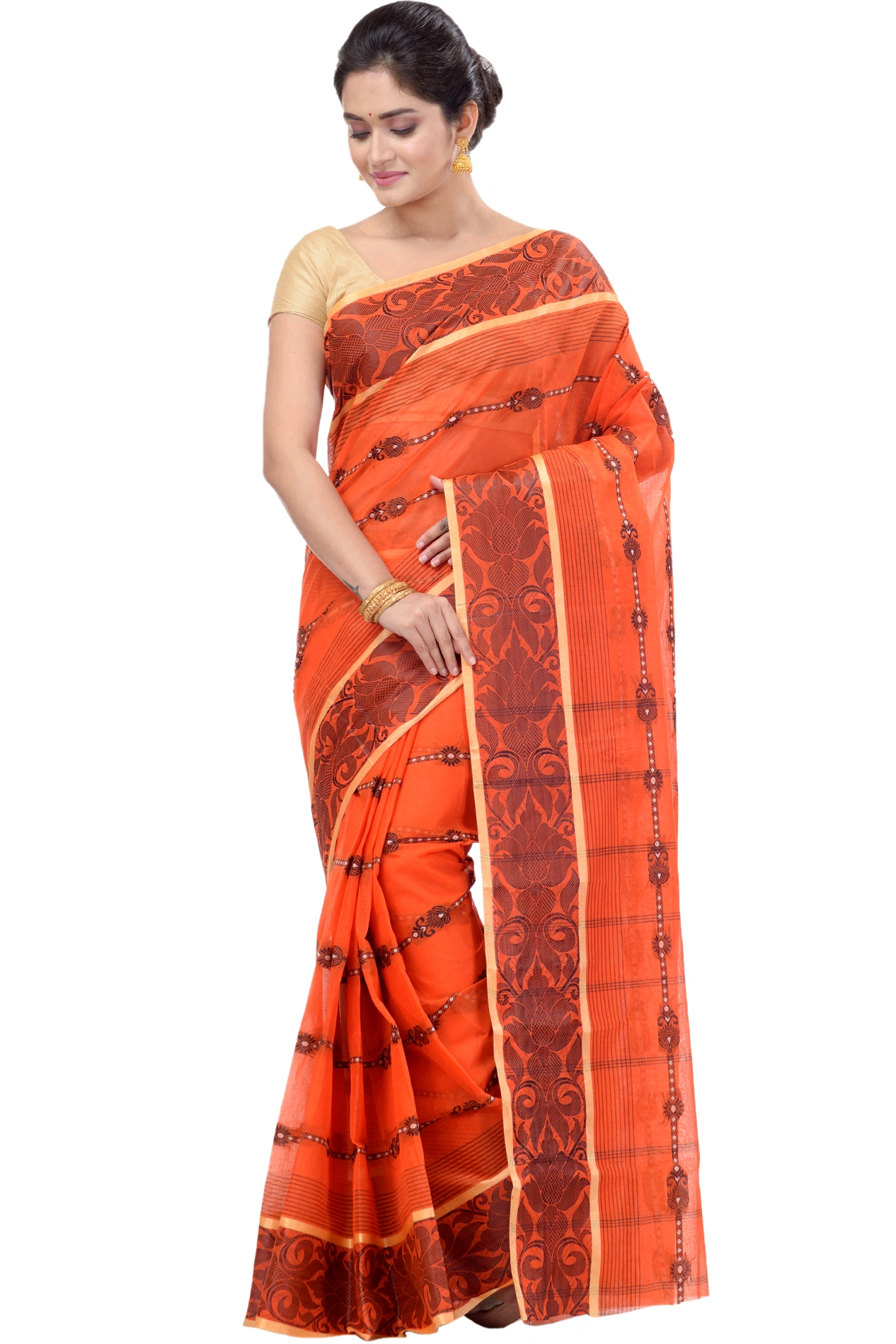 Orange Pure Cotton Charulata_Desiging Tant Saree (741)