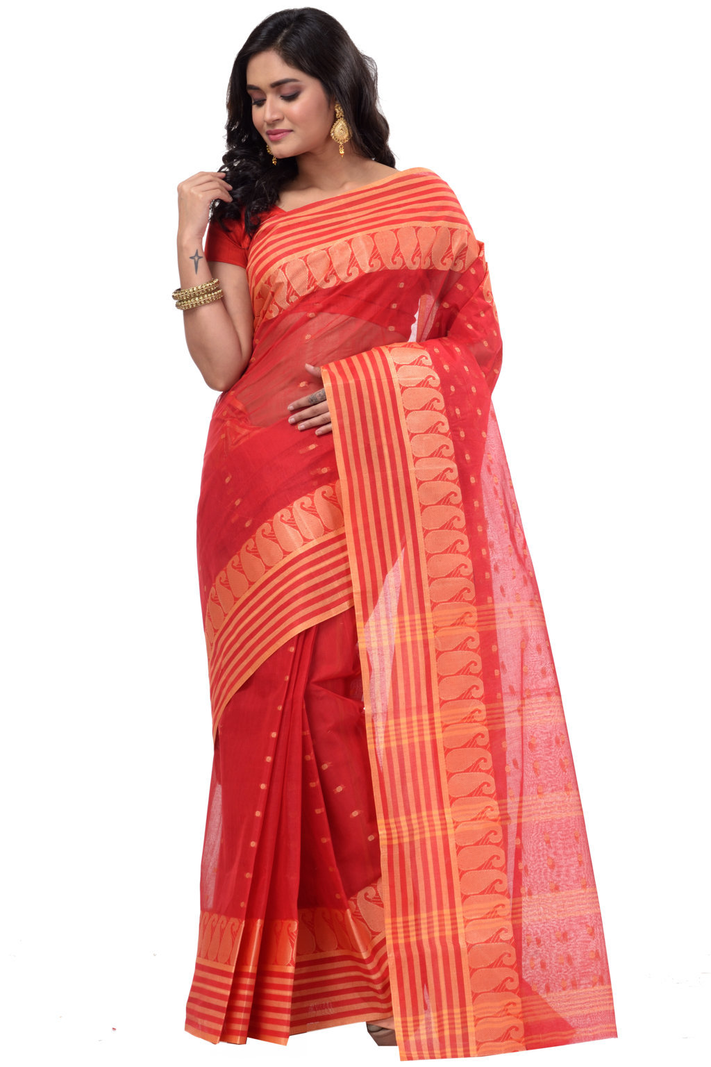 Red Pure Cotton Moti_Buti Tant Saree (745)