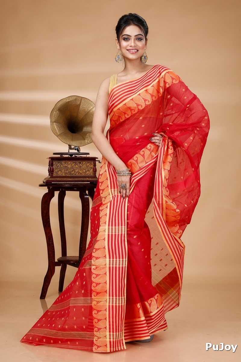 Red Pure Cotton Moti_Buti Tant Saree (745)