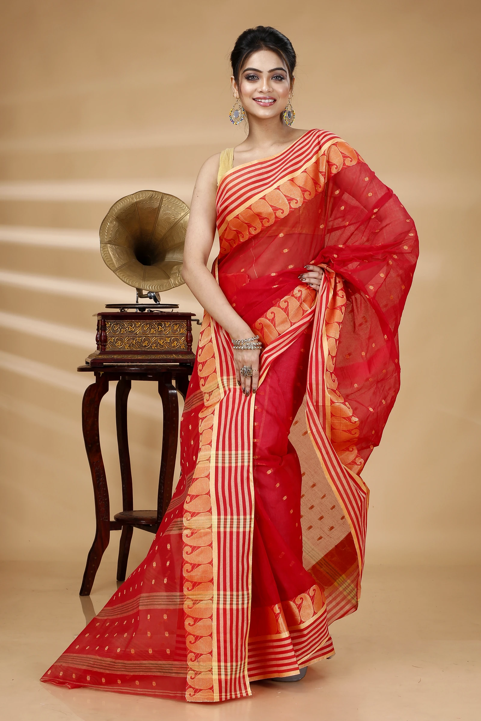 Red Pure Cotton Moti_Buti Tant Saree (745)