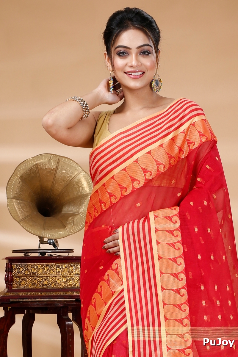 Red Pure Cotton Moti_Buti Tant Saree (745)