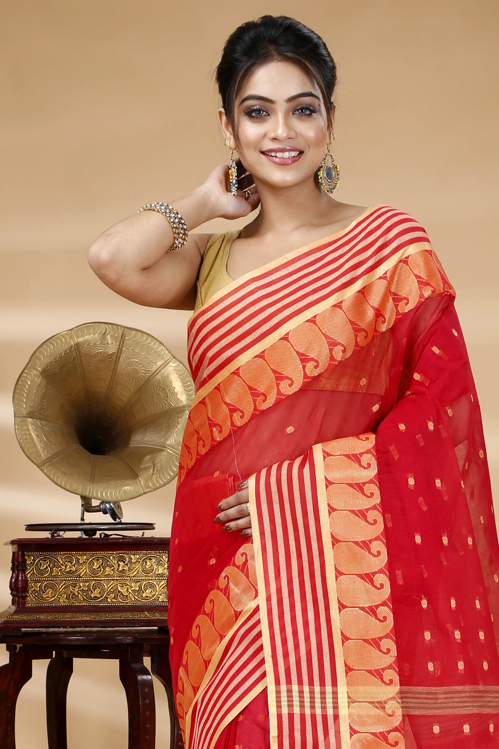Red Pure Cotton Moti_Buti Tant Saree (745)