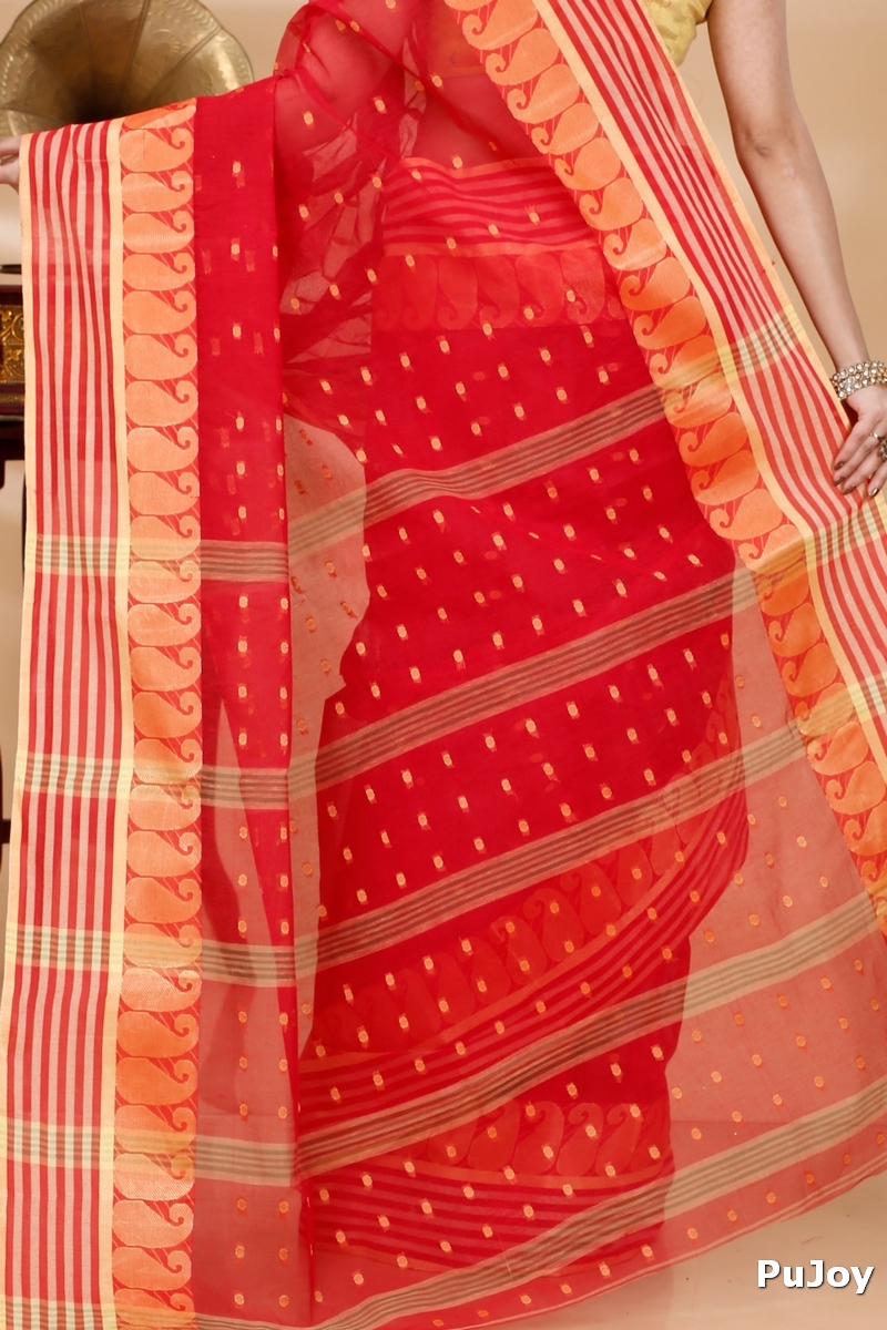 Red Pure Cotton Moti_Buti Tant Saree (745)
