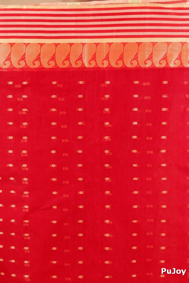 Red Pure Cotton Moti_Buti Tant Saree (745)