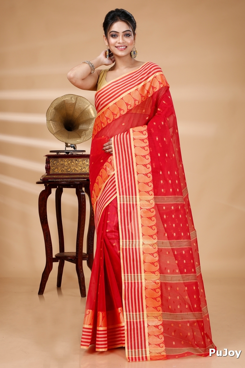 Red Pure Cotton Moti_Buti Tant Saree (745)