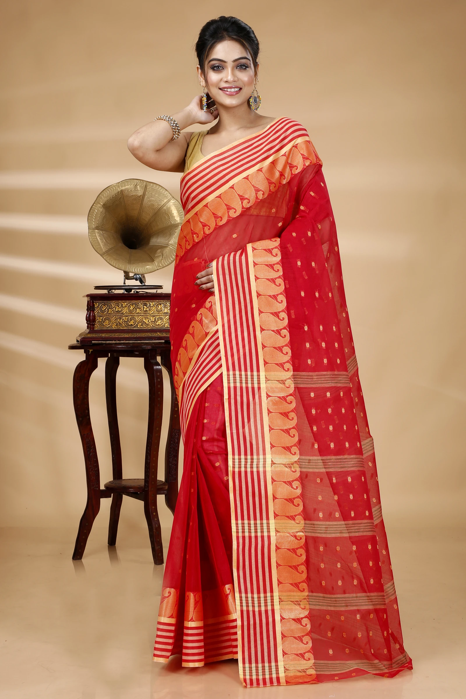Red Pure Cotton Moti_Buti Tant Saree (745)