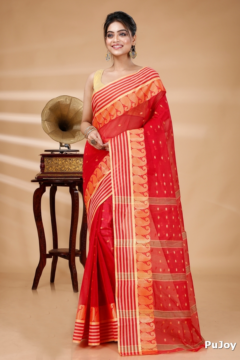 Red Pure Cotton Moti_Buti Tant Saree (745)