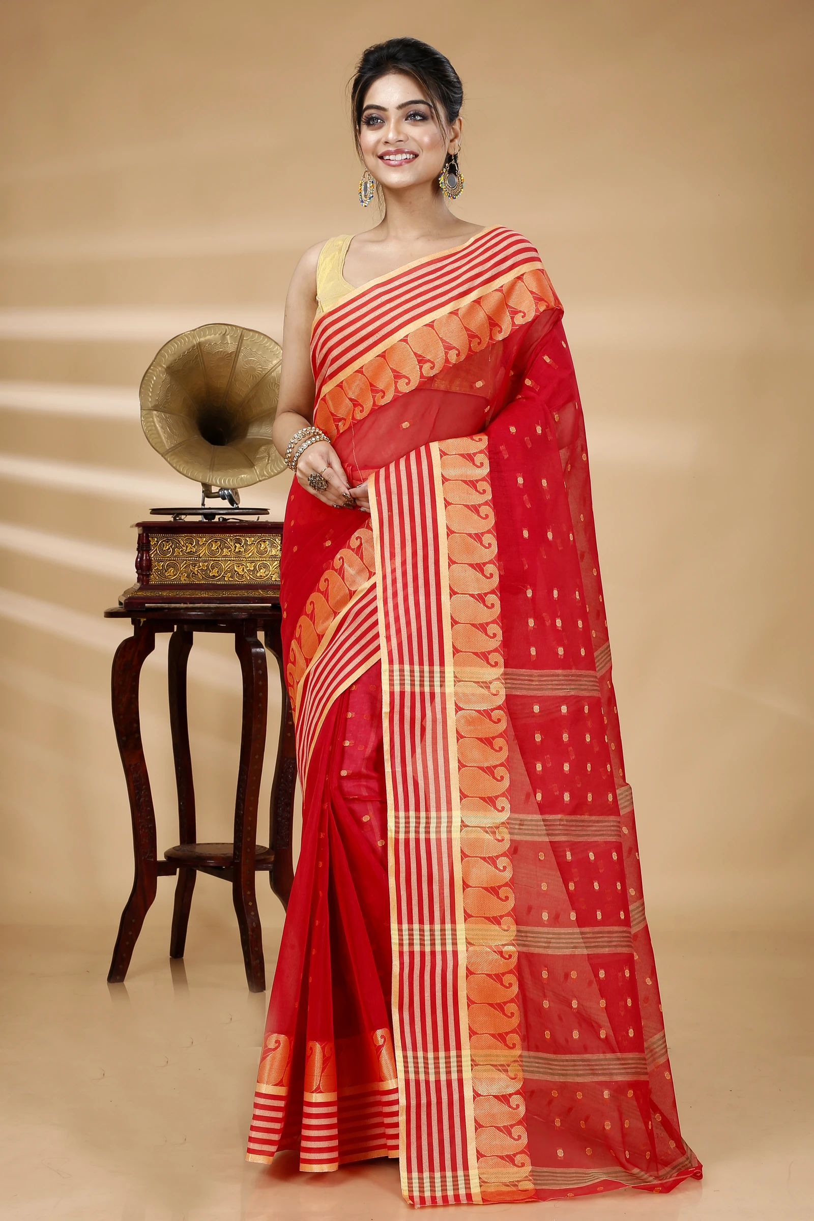 Red Pure Cotton Moti_Buti Tant Saree (745)