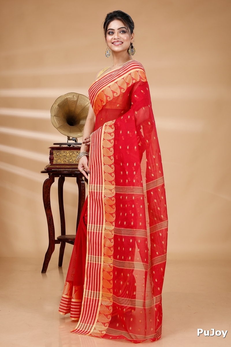 Red Pure Cotton Moti_Buti Tant Saree (745)