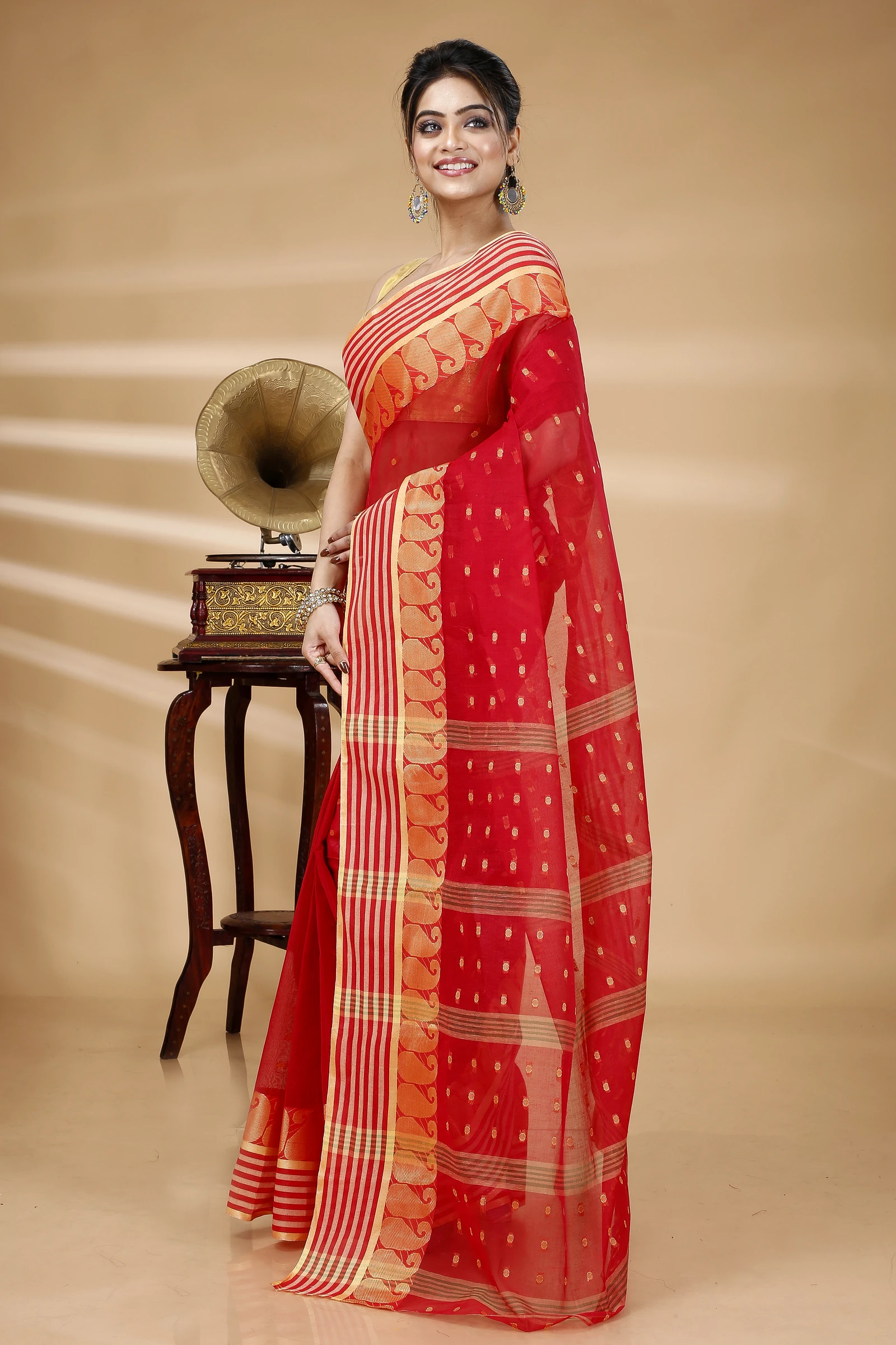 Red Pure Cotton Moti_Buti Tant Saree (745)
