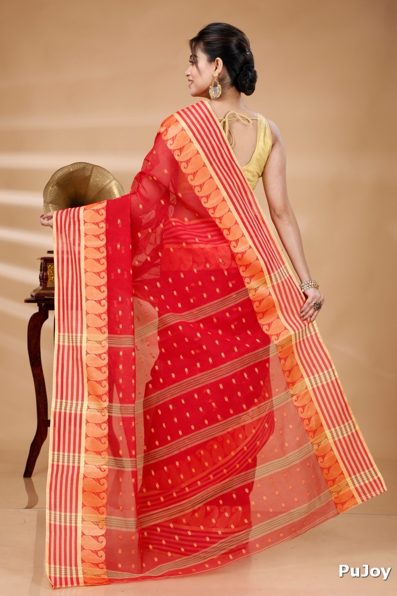 Red Pure Cotton Moti_Buti Tant Saree (745)