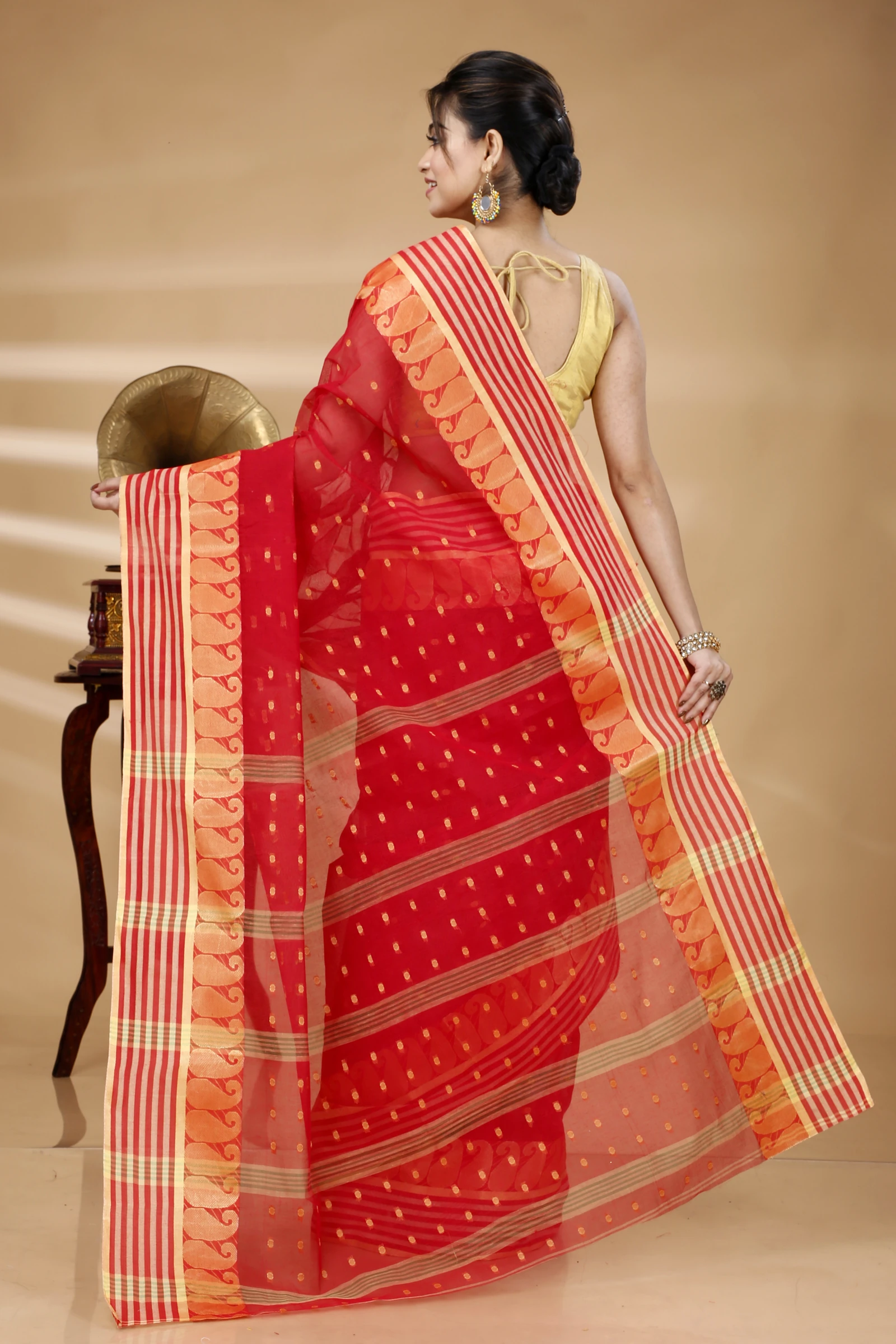 Red Pure Cotton Moti_Buti Tant Saree (745)