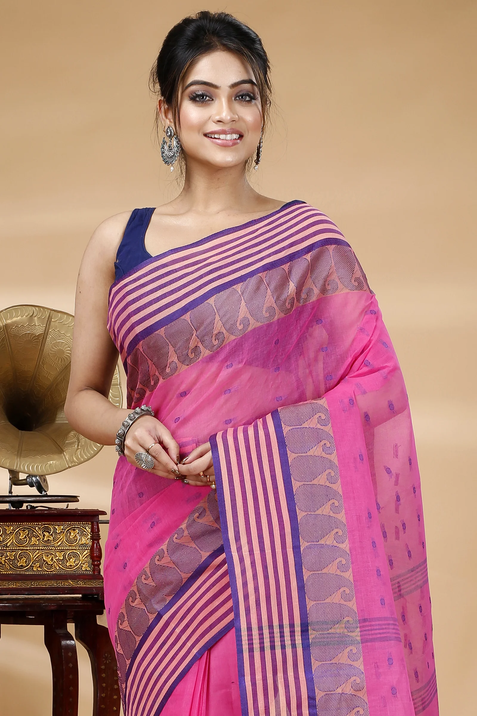 Pink Pure Cotton Moti_Buti Tant Saree (746)