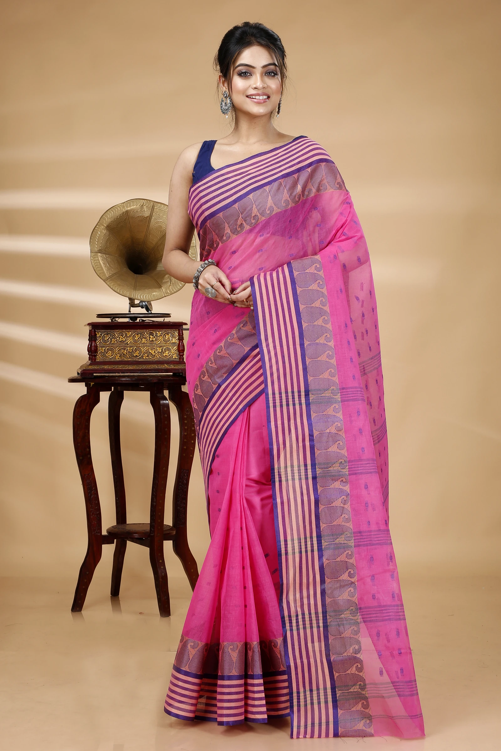 Pink Pure Cotton Moti_Buti Tant Saree (746)