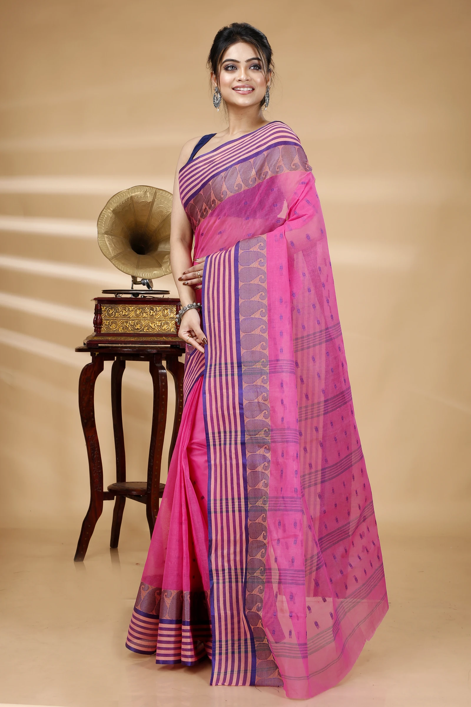 Pink Pure Cotton Moti_Buti Tant Saree (746)