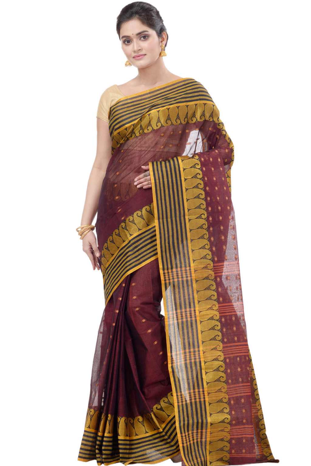 Brown Pure Cotton Moti_Buti Tant Saree (747)
