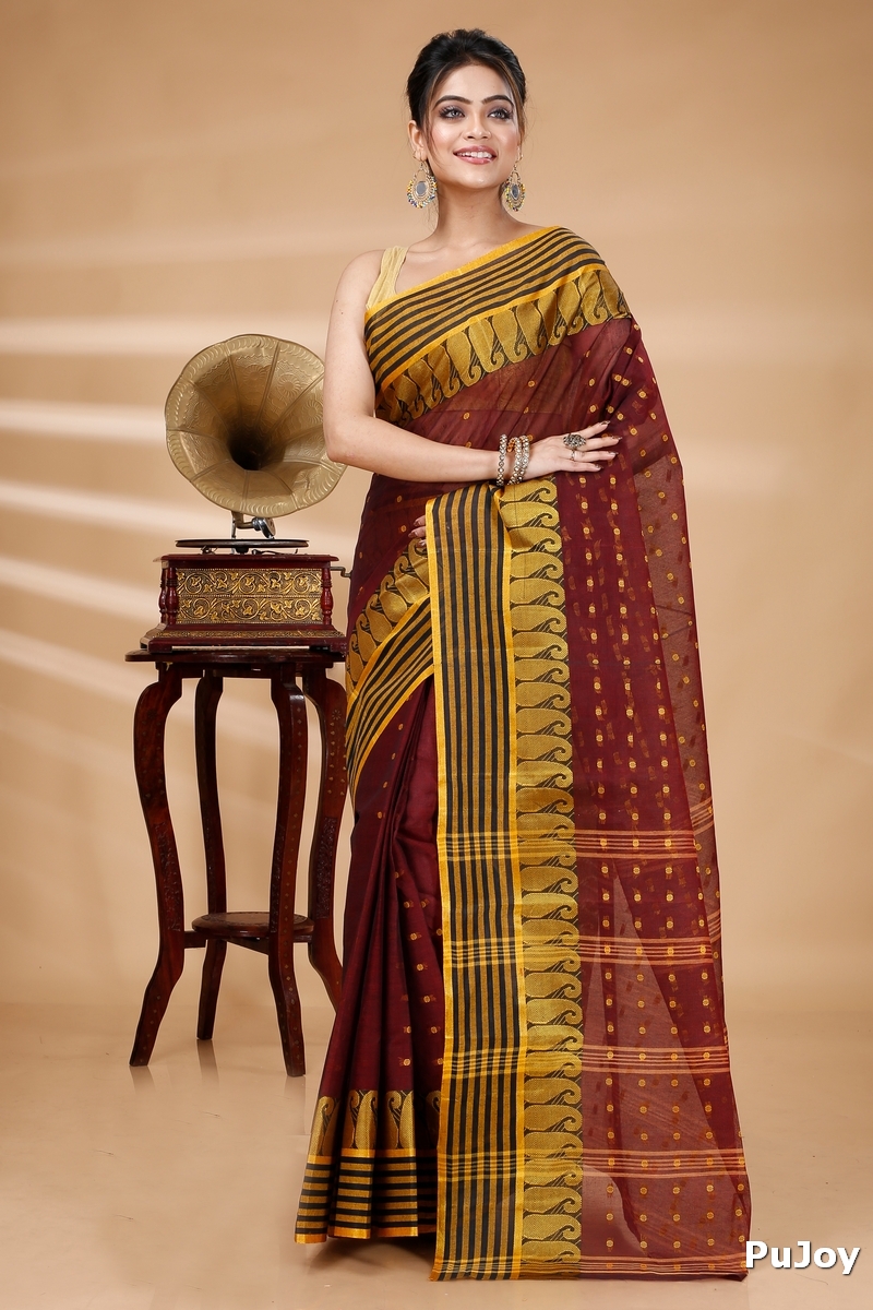 Brown Pure Cotton Moti_Buti Tant Saree (747)