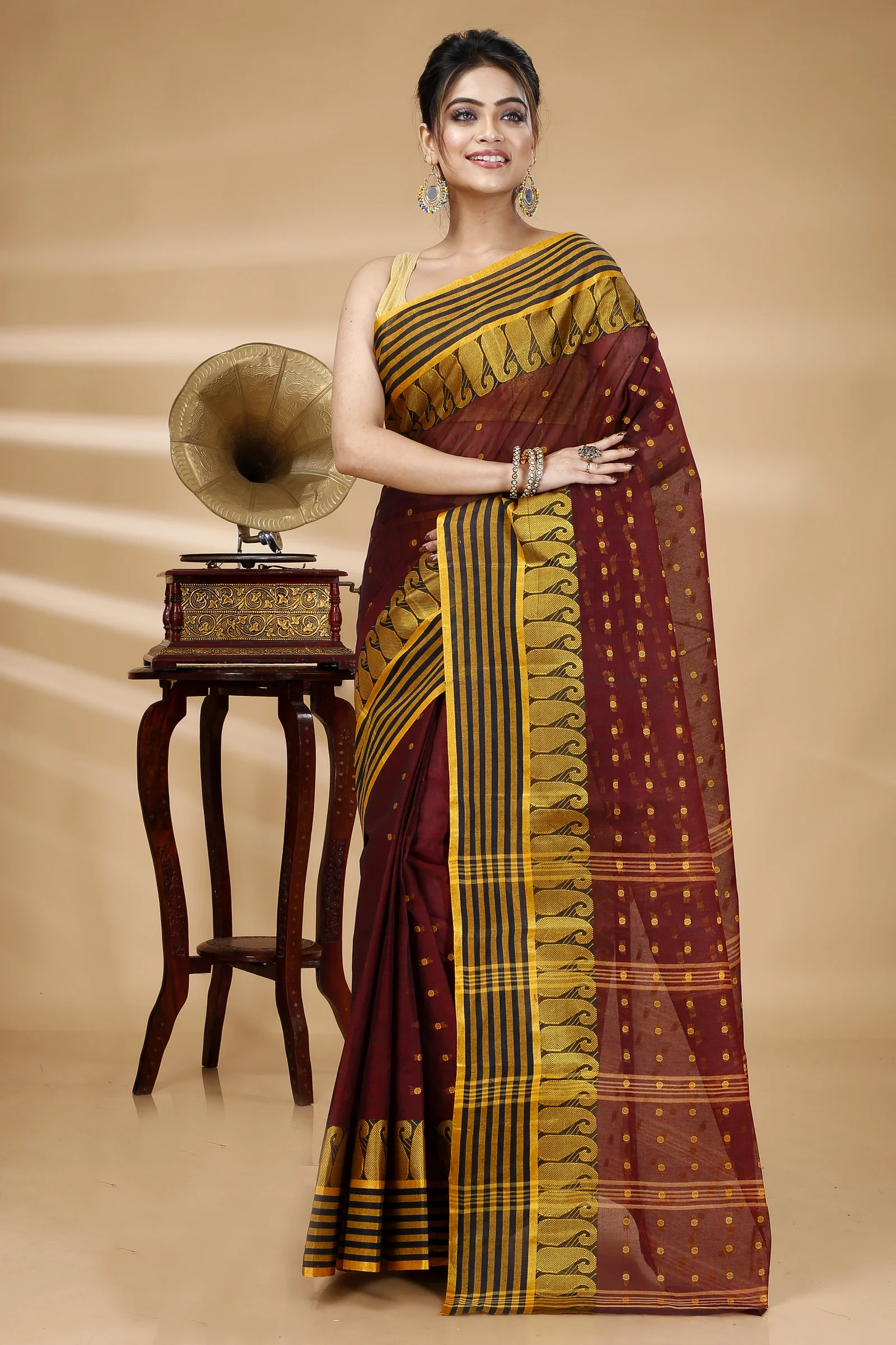 Brown Pure Cotton Moti_Buti Tant Saree (747)